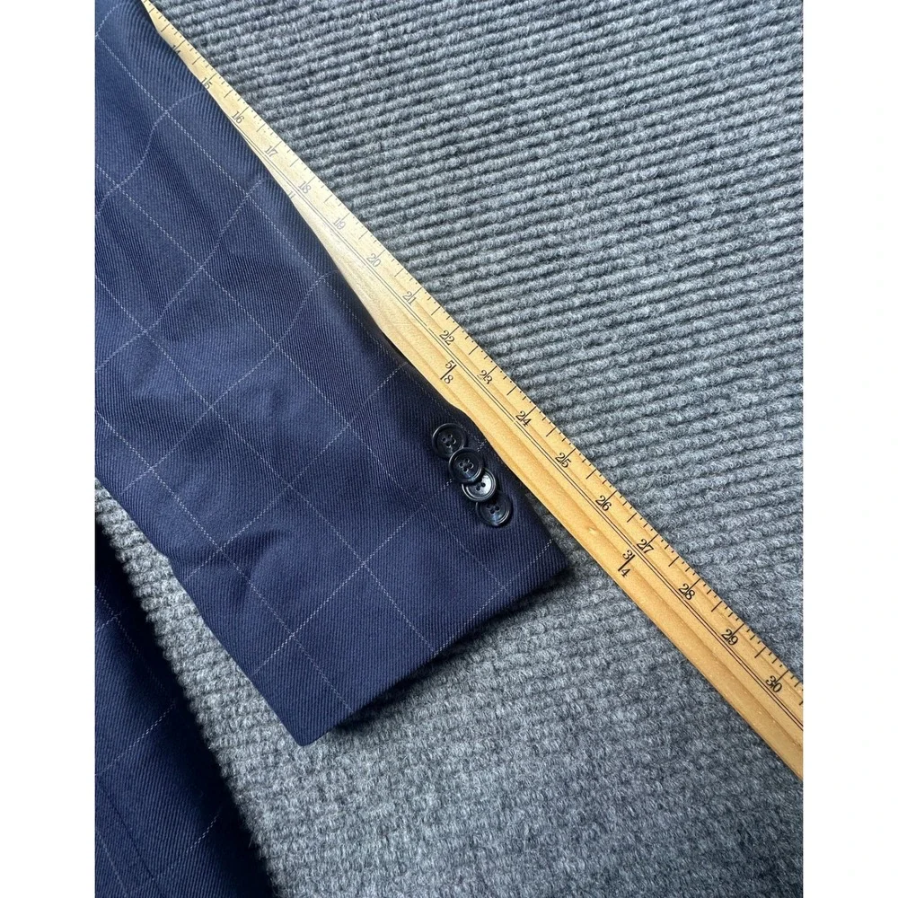Paul Fredrick Sport Coat Mens 44R Navy Blue Windowpane Plaid Wool